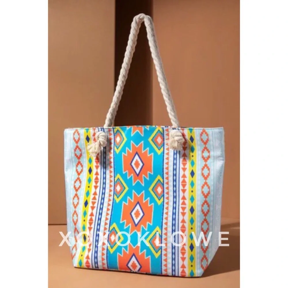 Blue & White Aztec Southwestern Print Rope Handle Tote Bag - Picture 8 of 9